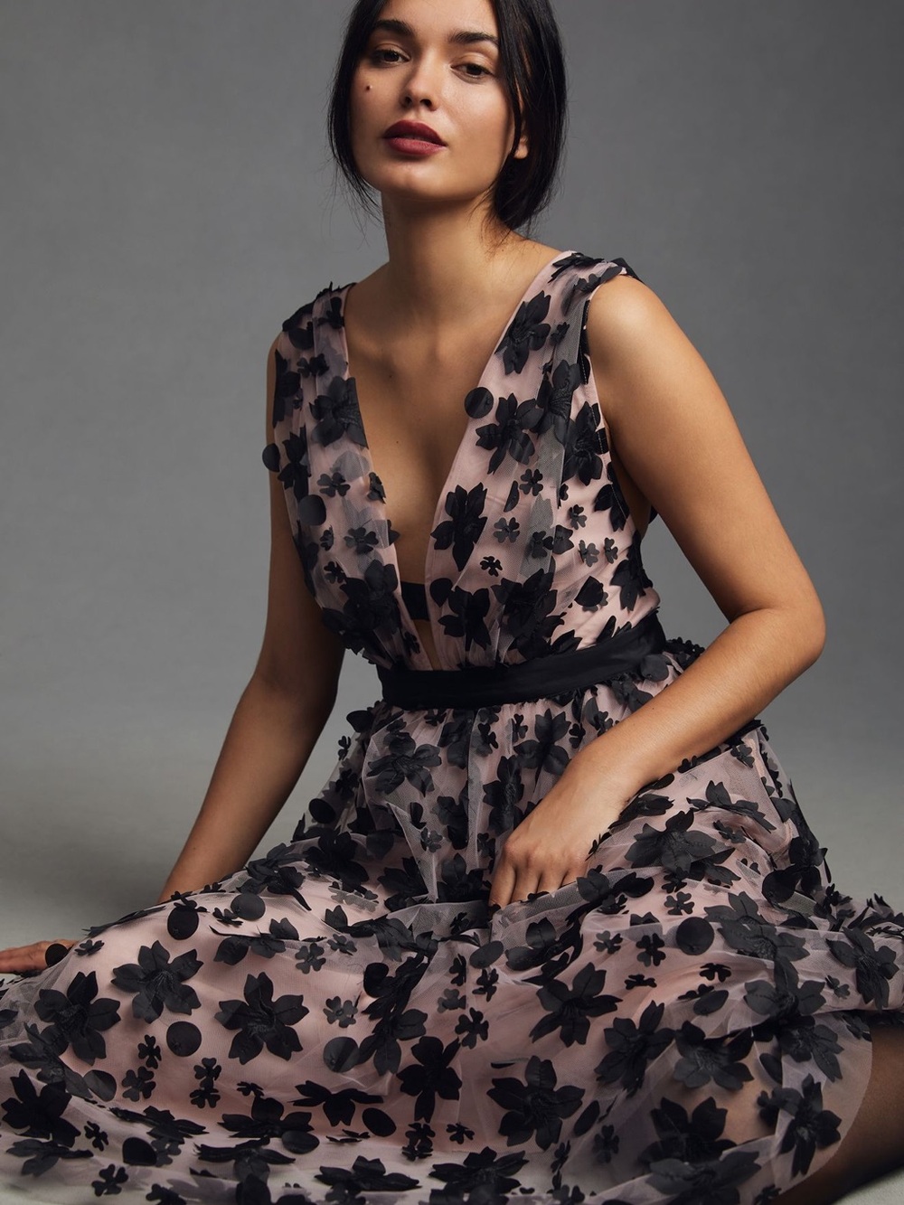 NWT Anthropologie Blush Pink Dress with Black Floral Appliqué